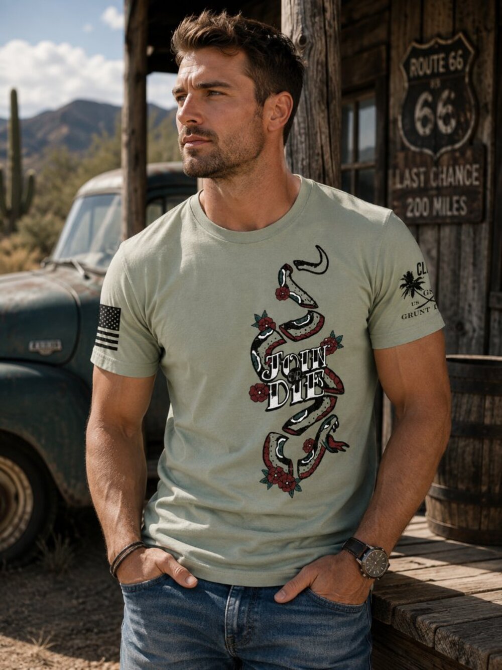 Grunt Style Join or Die Rattler Mens Large Green Snake Graphic T Shirt